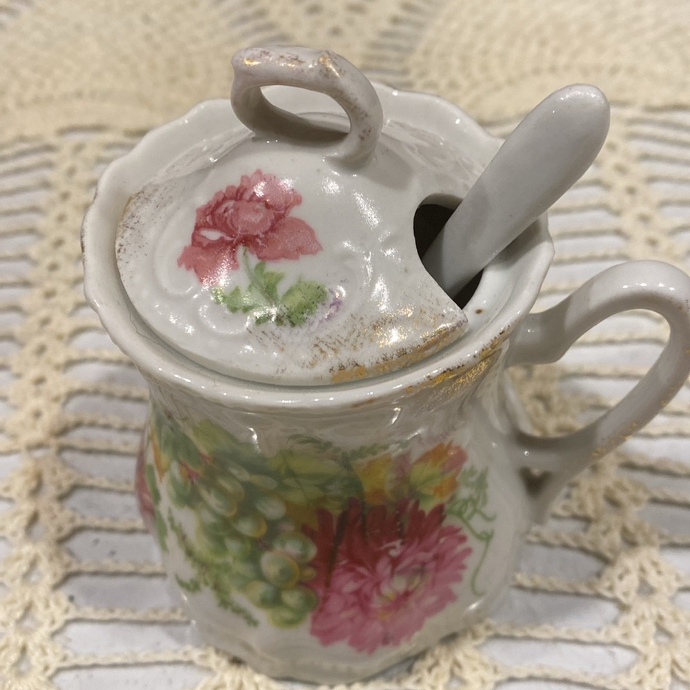 Vintage Victorian Condiment Jam Jelly Sugar Pot Dish 4 1/2” Tall Lid and Spoon